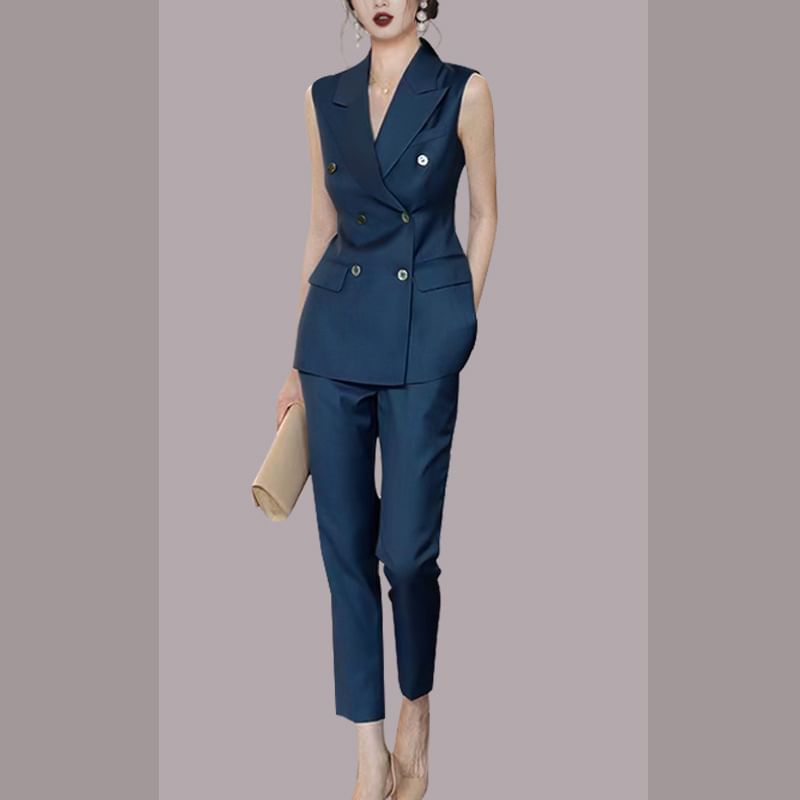 palajana - Set: Peak Lapel Plain Double Breasted Vest + Mid Rise Cropped Straight Leg Slacks