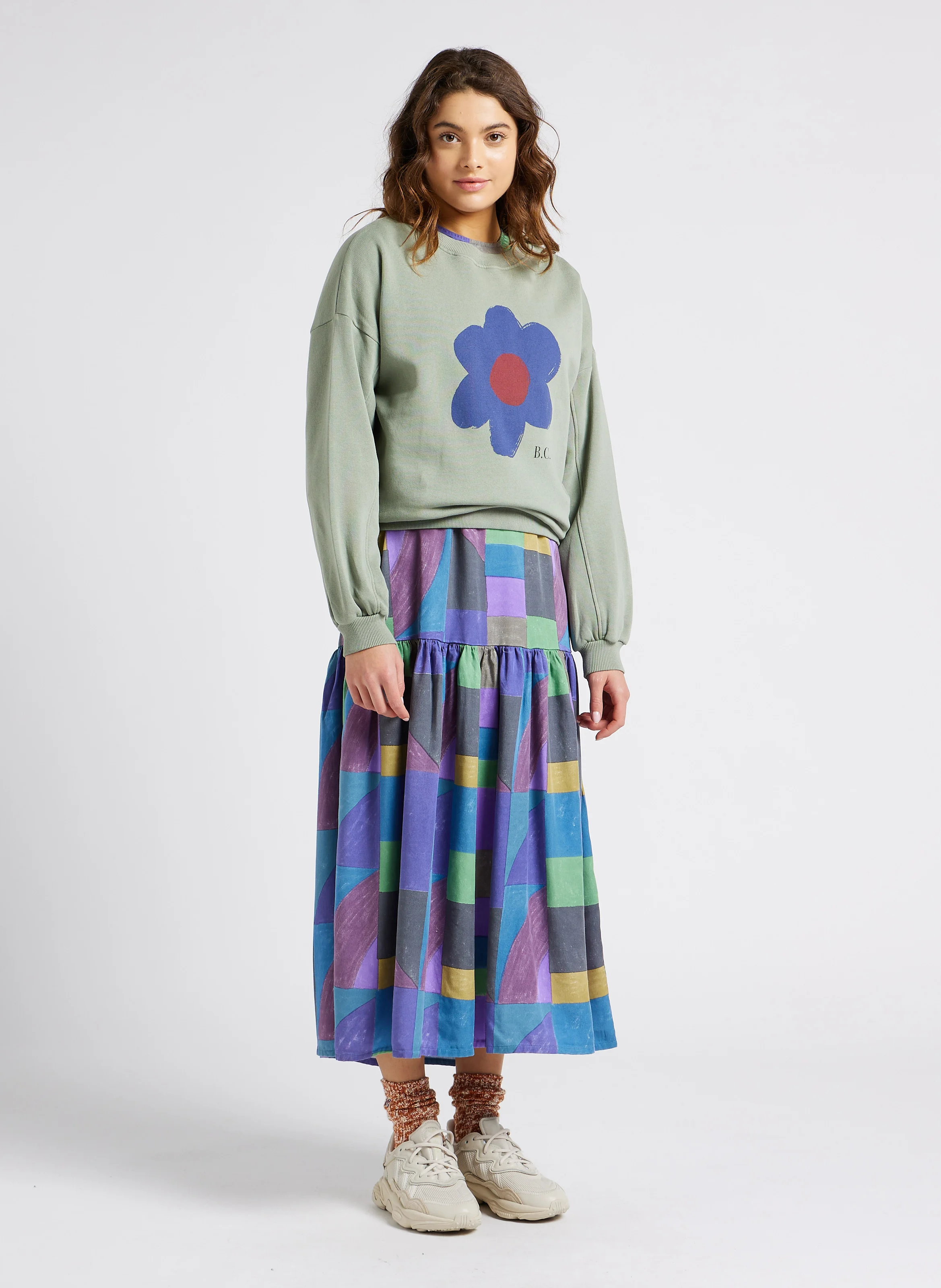 Robe longue col claudine à carreaux| Multicolore
