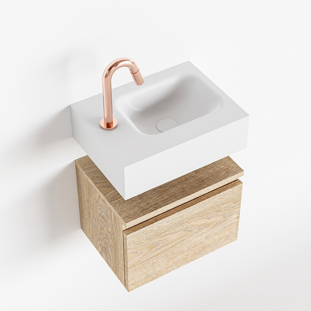 Mondiaz Andor toiletmeubel 40cm eiken met witte wastafel rechts met kraangat