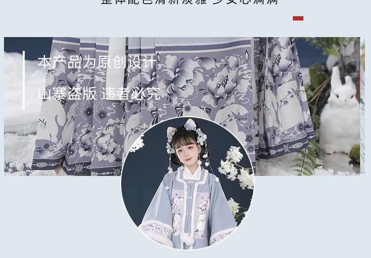 Francoix - Hanfu-top met lange mouwen en konijnenprint / jas met pluizige rand / maxi-rok met hoge taille / set
