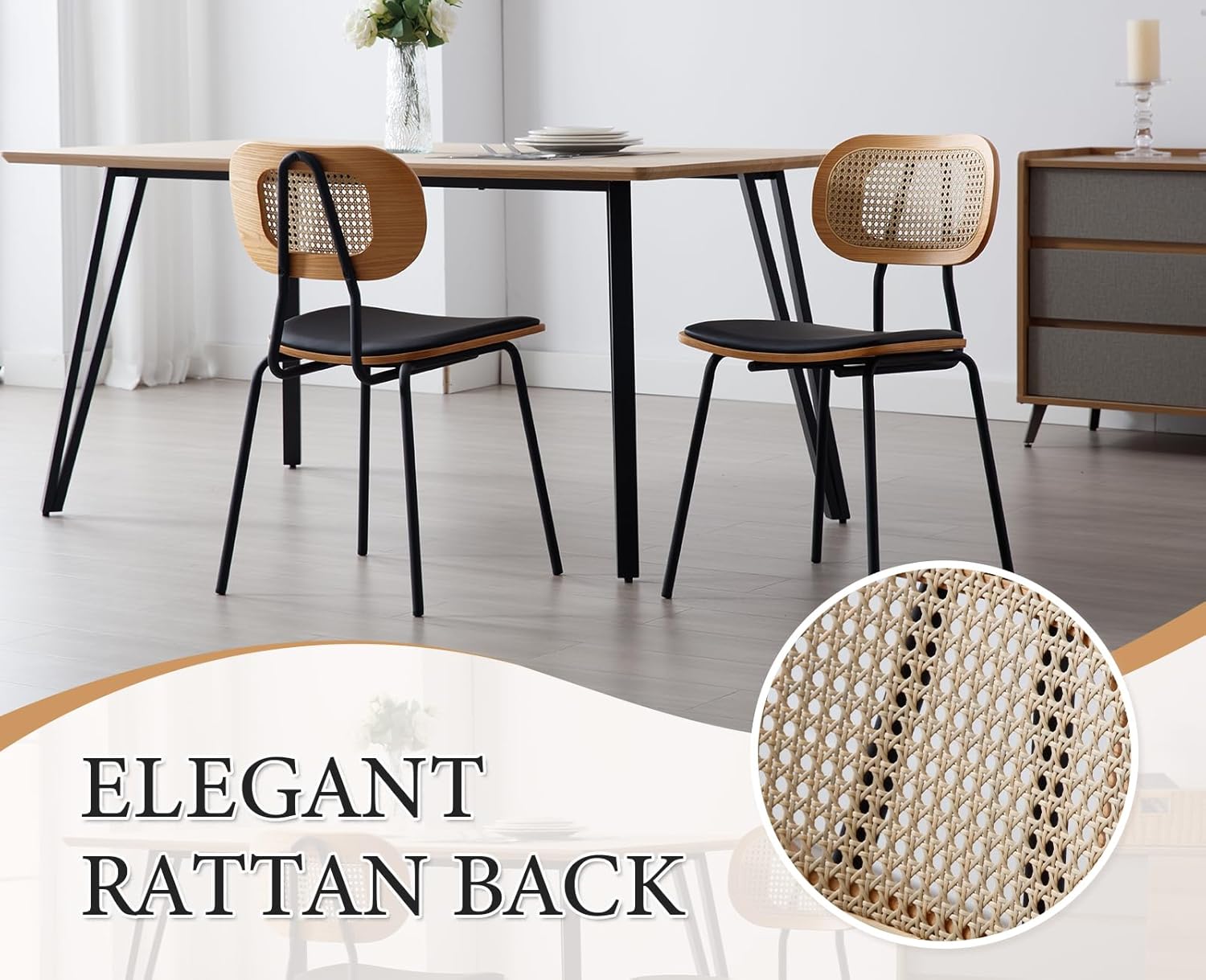 Rattan Esszimmerstühle 2er Set Rattanstuhl mit Metallbeinen Küchenstuhl aus Kunstleder Polsterstuhl für Esszimmer, Schwarz