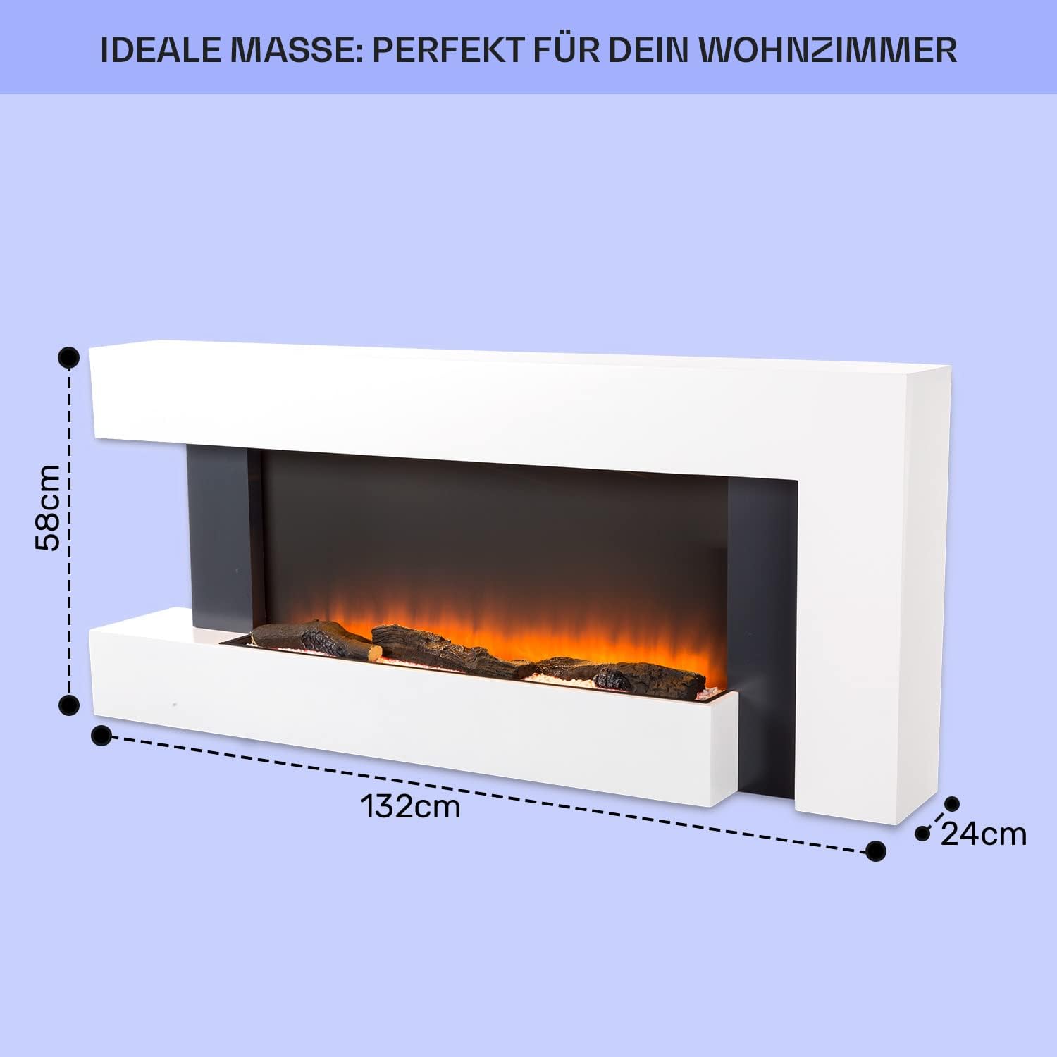 Klarstein Studio Light & Fire 2 - Elektrokamin mit LED-Flammenillusion, Elektro Kamin mit Timer-Funktion und Thermostat, 1000/2000W, MDF-Gehäuse, inkl. Fernbedienung, Ambient Down Light, weiß