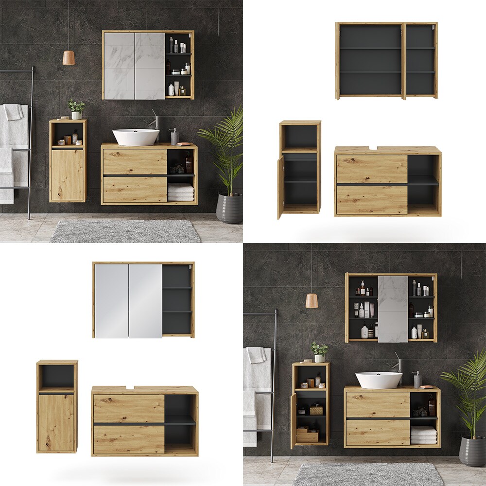 Vicco Badmöbelset Viola Eiche Anthrazit modern Badezimmerschrank Badschrank Badezimmermöbel Waschtischunterschrank Spiegelschrank Midischrank Schranktür Schrankfach Ablage Aufbewahrung