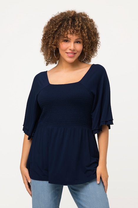 Smok-Shirtbluse, A-Linie, Carree-Ausschnitt, Halbarm