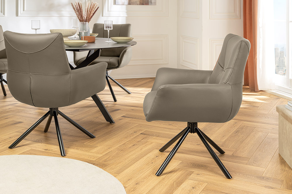 Drehbarer Stuhl SIGNATURE taupe Echtleder 360° mit Taschenfederkern schwarz Metall