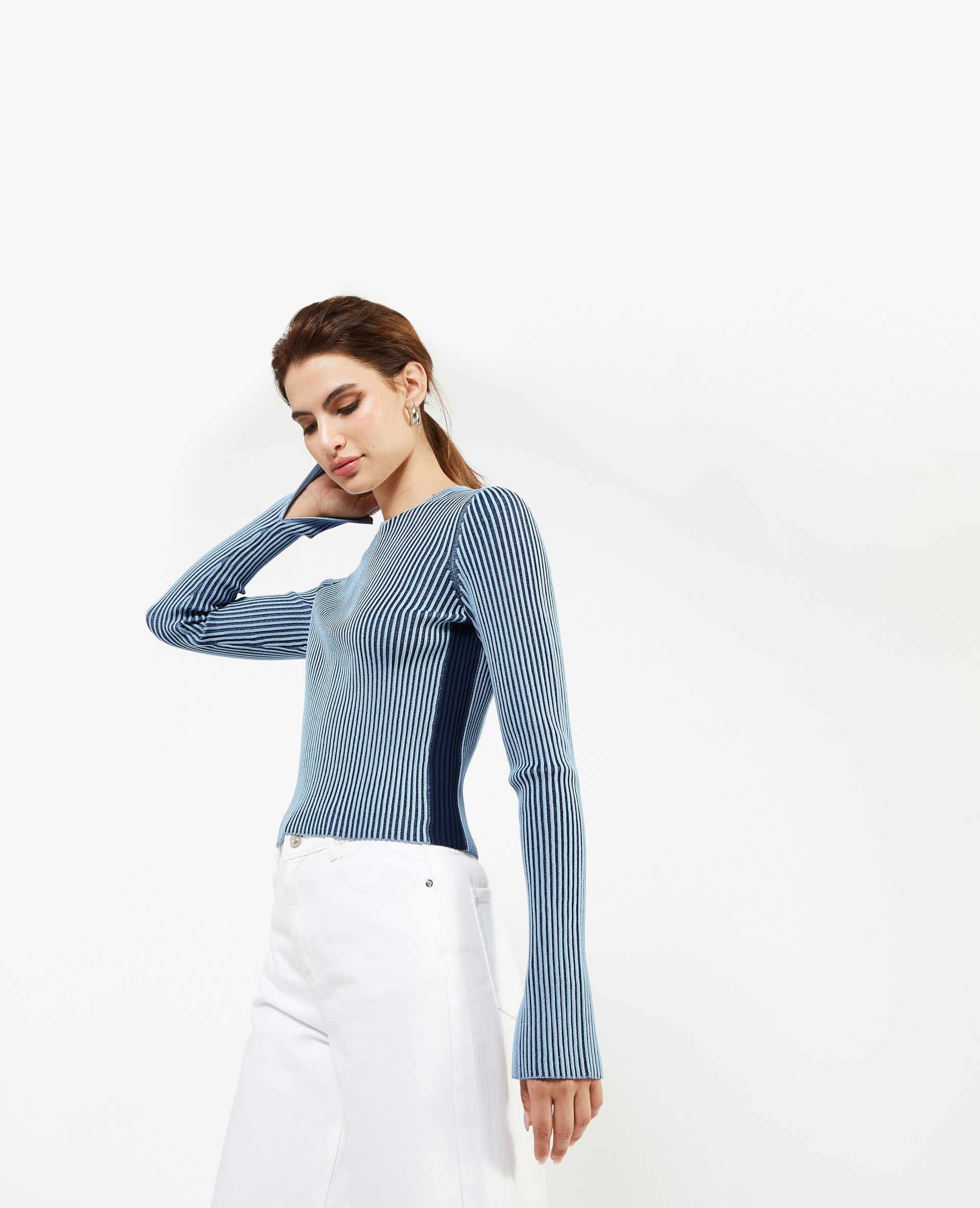 Pull maille côtelée effet rayé - Bleu marine