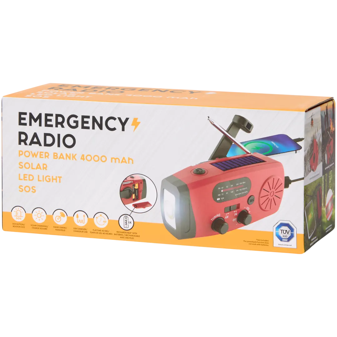 Radio de secours 4-en-1 avec lampe de poche et batterie externe