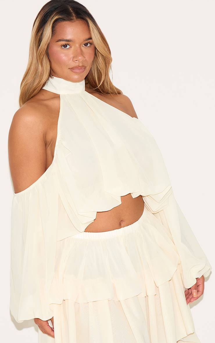 Crème Ensemble Coordonné Shape Blouse En Mousseline Col Montant Épaules Dénudées