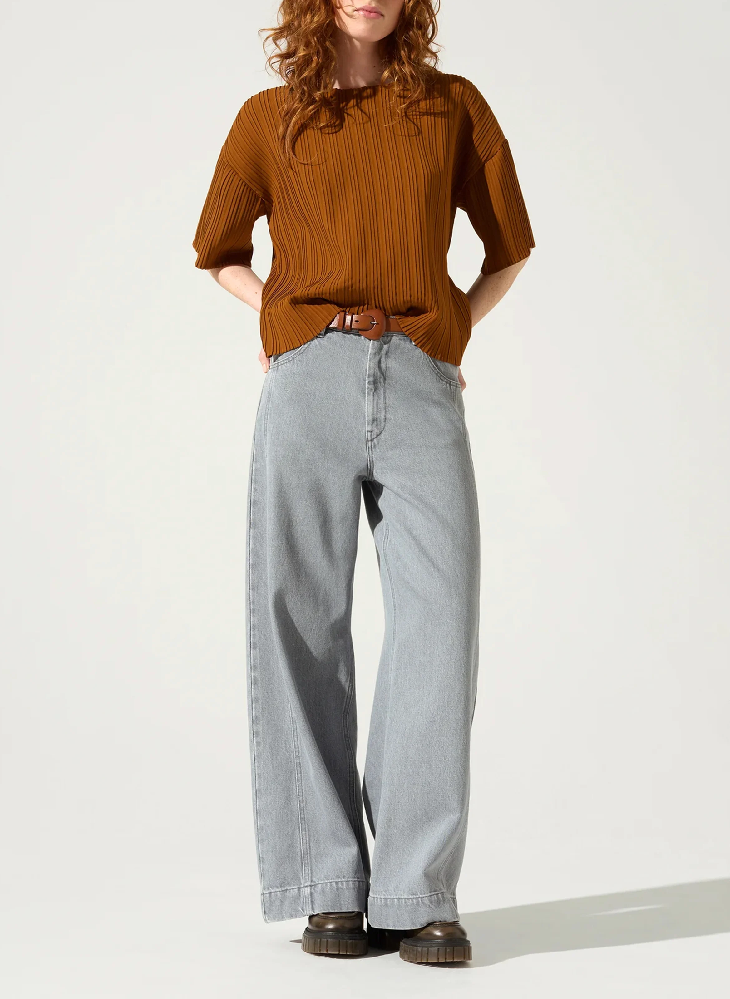 Blouse col rond plissé | Marron