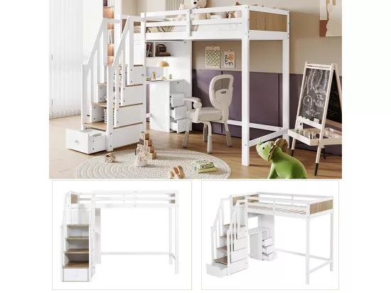 Lit superposé pour enfants 90x200cm, bureau avec 3 tiroirs, armoire à échelle 4 sections, étagères ouvertes, blanc + couleurs naturelles
