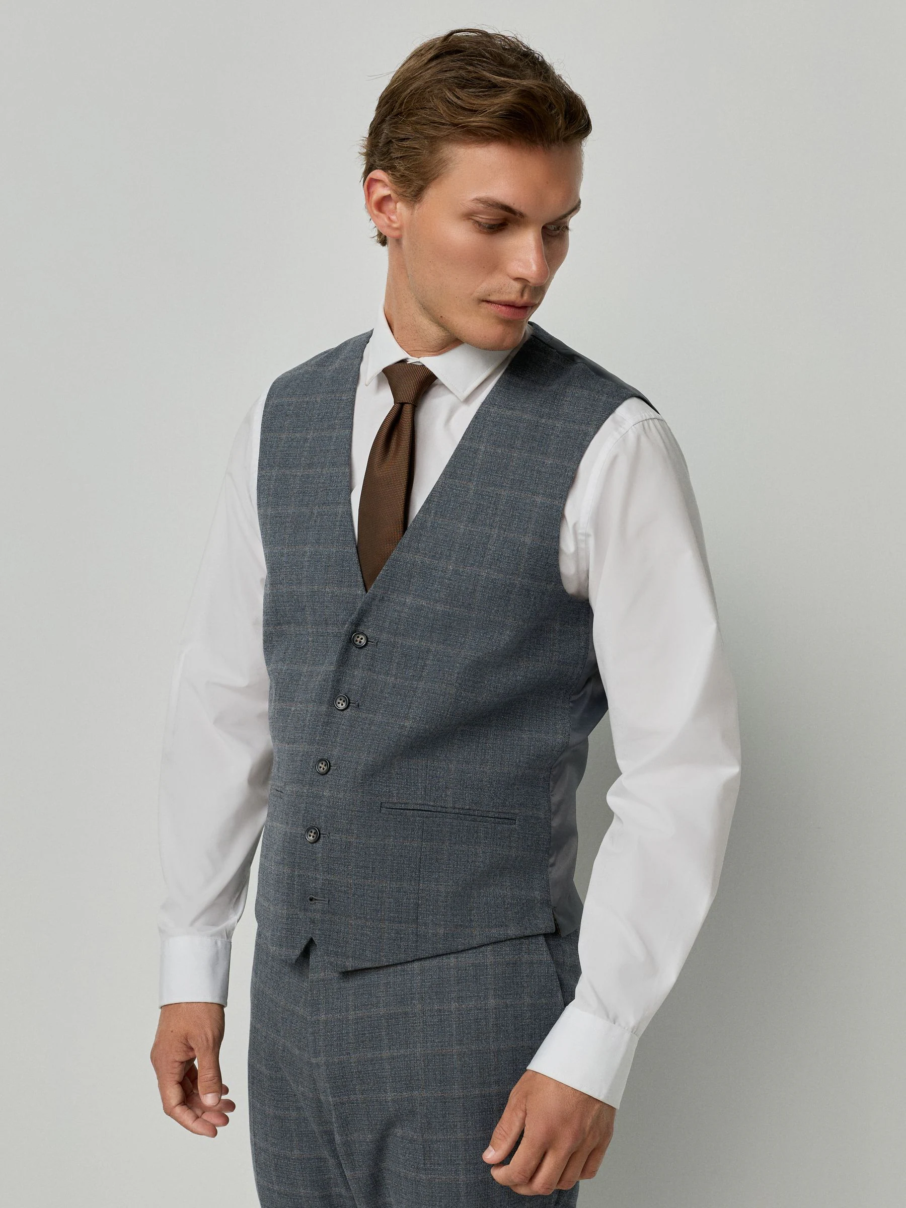 Grijs - Tailored Fit Check Flannel Suit Waistcoat
