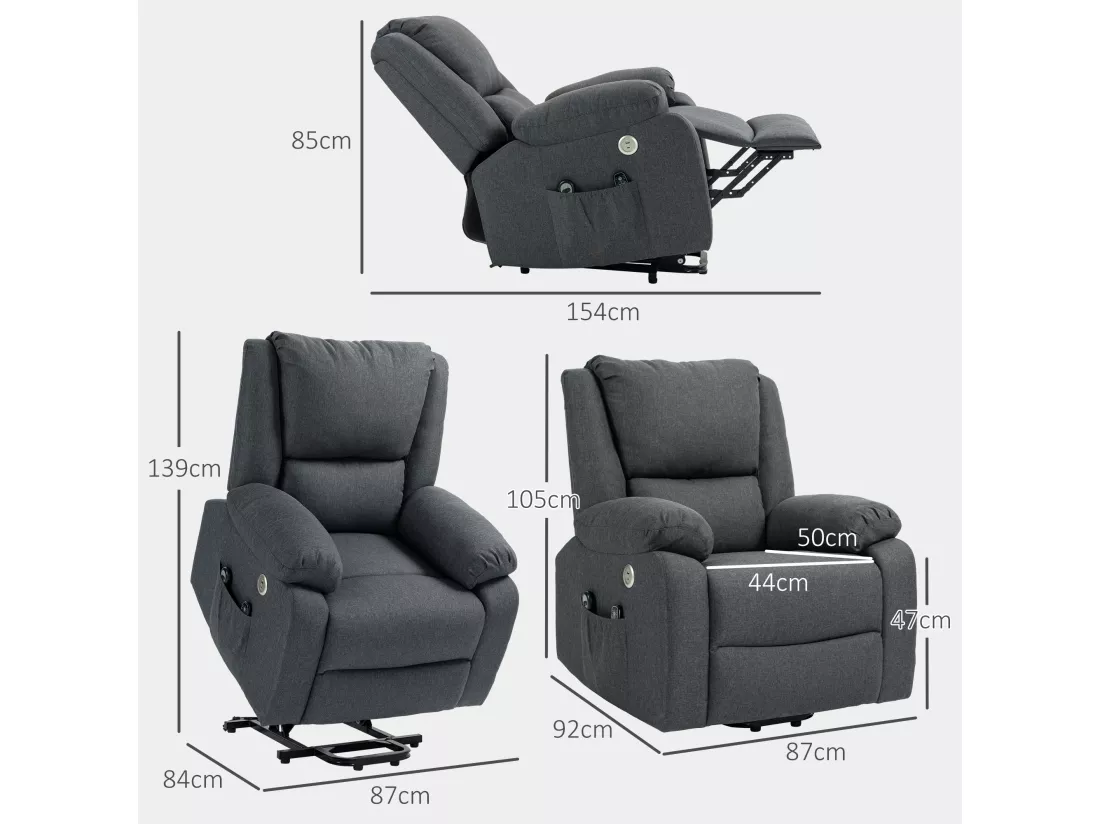 Fauteuil releveur relax massant électrique réglable - fonction chauffante, repose-pied, ports USB, télécommandes - tissu gris