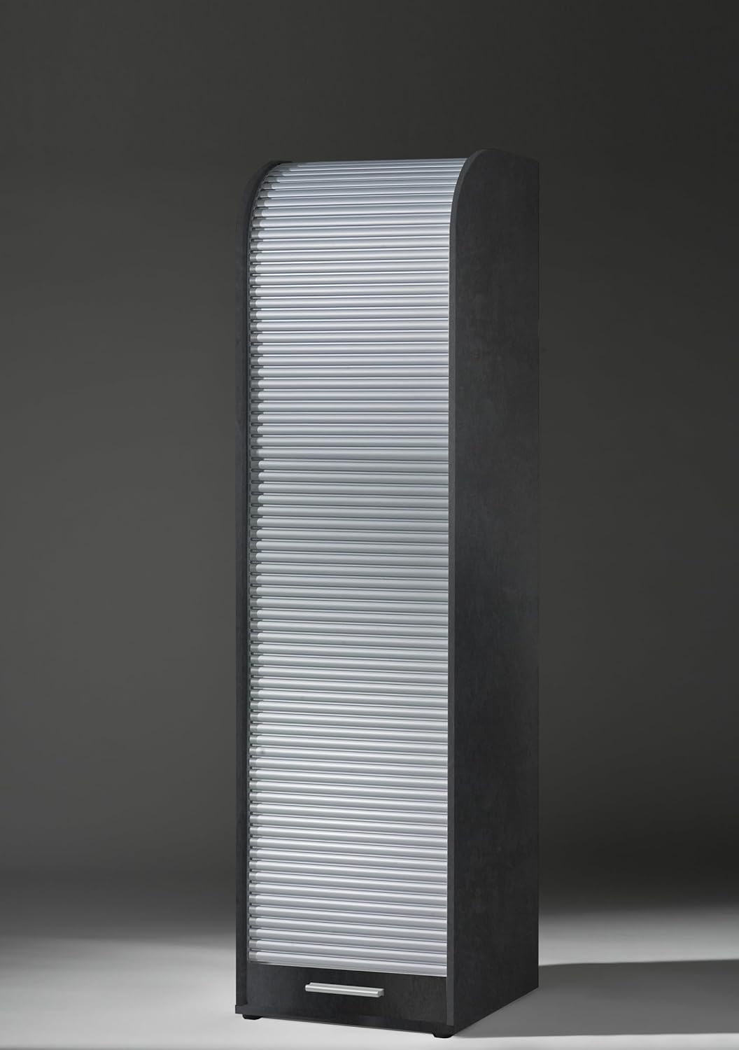 möbelando Jalousieschrank >Organizer< in Schwarzstahl Dekor/Silber mit 3 verstellbaren Einlegeböden, 45x164x40 cm, zerlegt geliefert, Holzwerkstoff, Moderne Aufbewahrungslösung