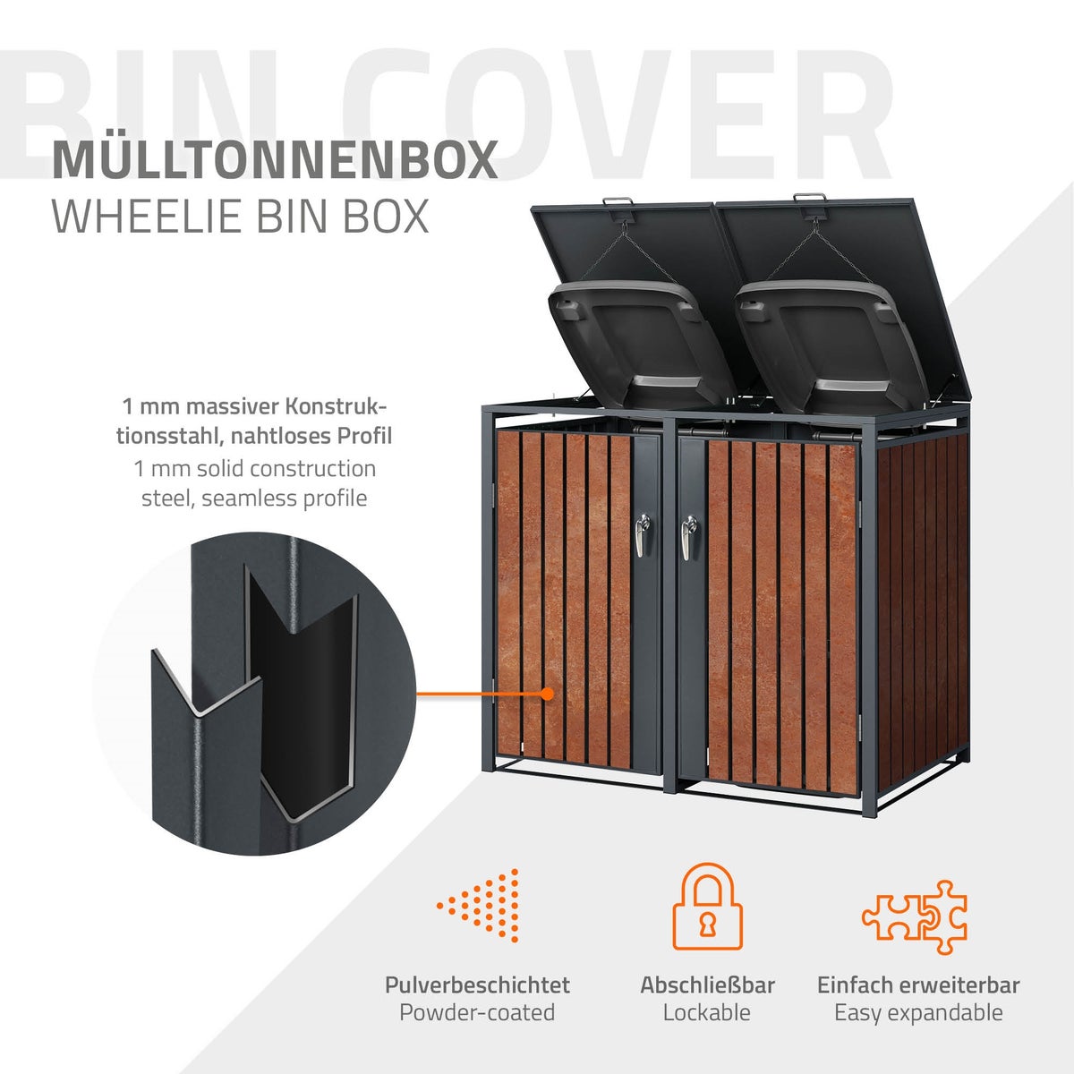 ML-Design 4-baks afvalcontainerbehuizing, 4 bakken, 240L, 264x80x116,3cm, antraciet roestlook, staal/cortenstaal, afsluitbare afvalcontainerdeksel met scharnierend deksel/4 deuren, afvalbakbox, afvalcontainer, afvalbakdeksel
