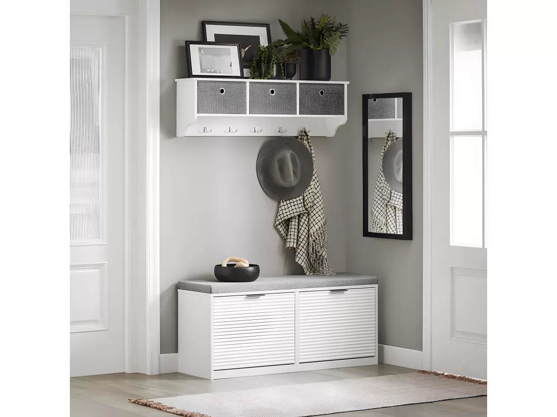 SoBuy Banc à Chaussures Banc d’Entrée Banc de Couloir Armoire à Chaussures avec 2 Abattants Meuble de Rangement pour Entrée avec Coussin Rembourré, 105 x 35 x 48 cm, Blanc, FSR147-W