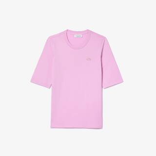 T-shirt à col rond et manches trois-quarts en coton uni T-Shirts - Rose - Lacoste - Femme