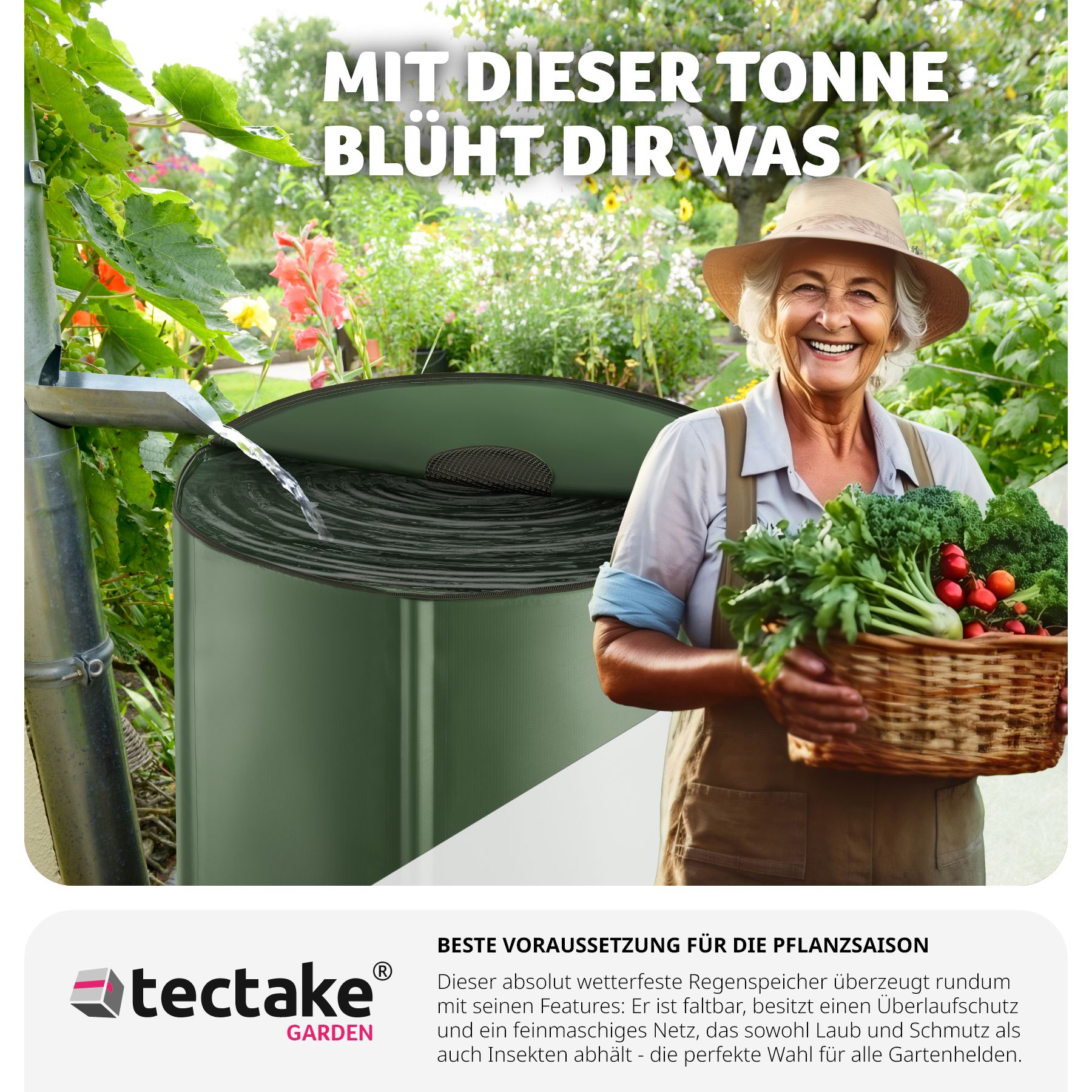 tectake® Regentonne, mit Hahn und Überlaufschutz, wetterbeständig, Oberseite abnehmbar