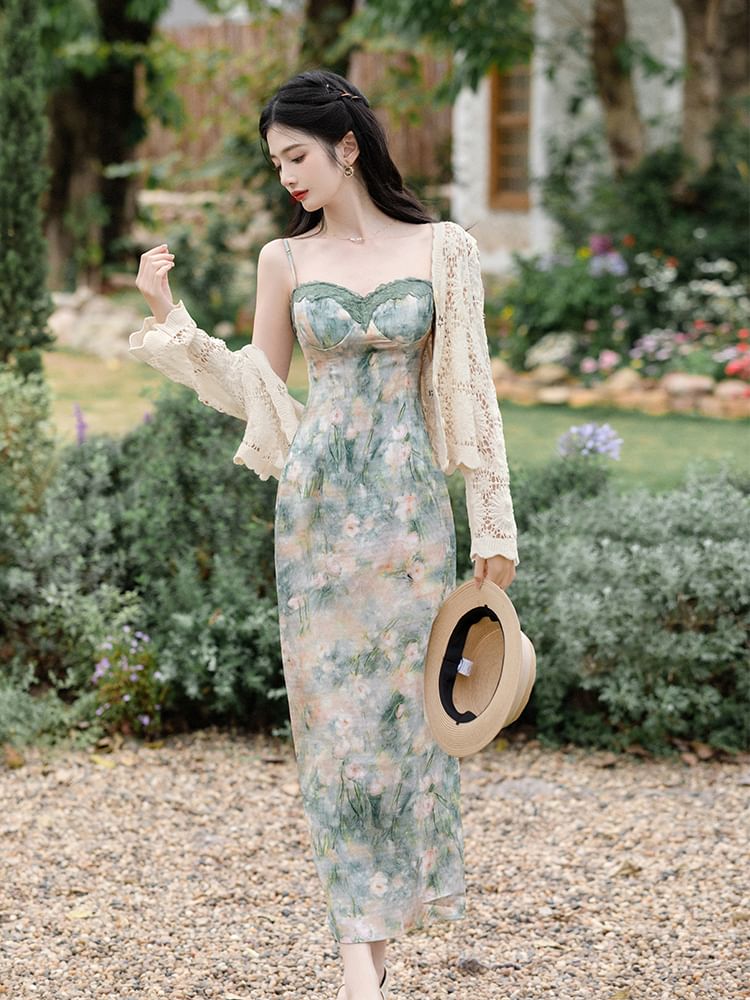 Nebbia - Spaghettibandjes bloemenprint bodycon midi-jurk / cropped vest / set