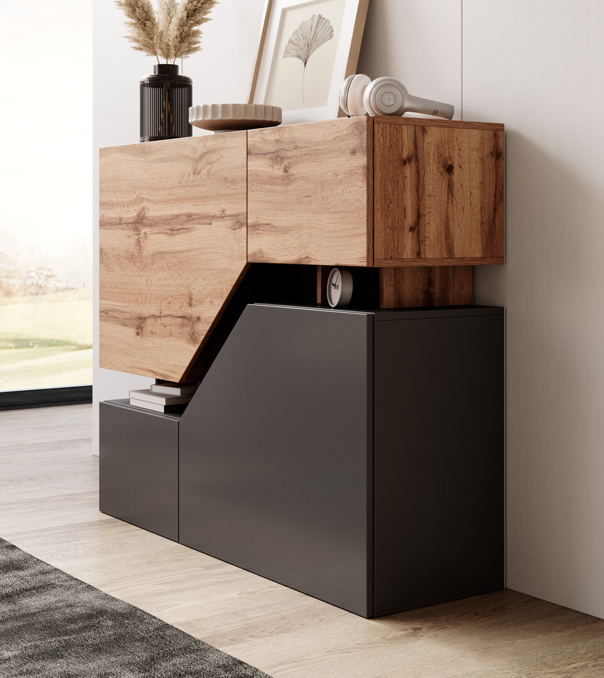 Meubella - Dressoir Canberra - Eiken - Antraciet - 120 cm