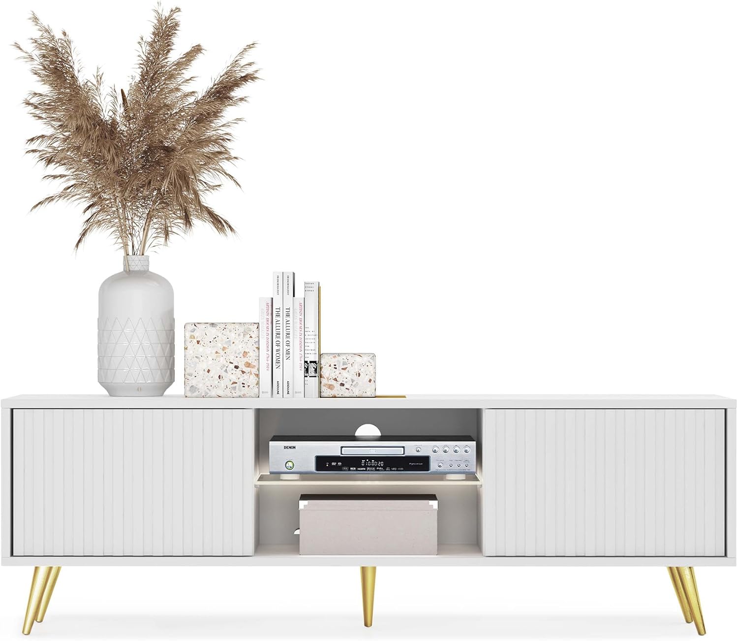 Selsey TV Schrank Board Sideboard Fernsehtisch Fernsehschrank Mit Lamellen 135 cm Goldene Beine Weiß Bello