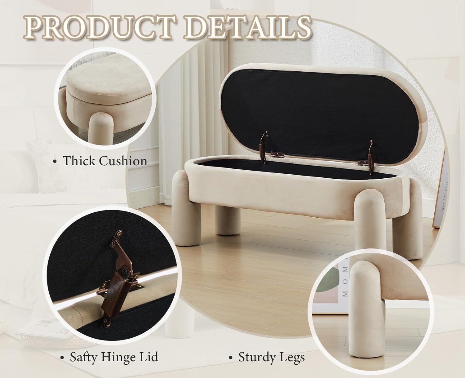 Sitzhocker aus Samt Sitzbank mit Stauraum Sitztruhe Flur Bettbank Schlafzimmer 114cm, Khaki
