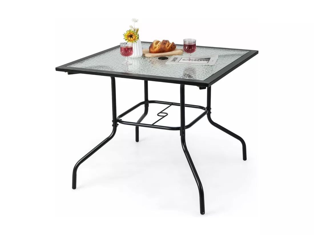 Table de Jardin en Verre Trempé 89 x 89 CM, Table d'Appoint avec Trou pour Parasol 38 MM, Cadre en Métal Robuste, Table Basse Carrée Extérieure pour Patio, Piscine