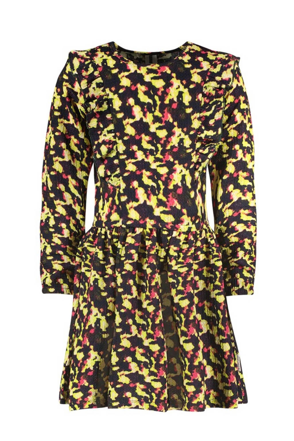 B.Nosy jurk Doutzen met all over print en ruches neon groen/zwart/roze