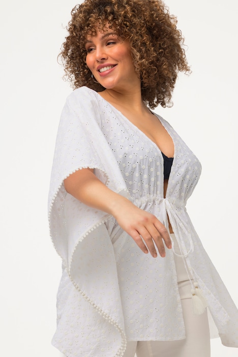 Kimono-Bluse, Lochspitze, Oversized, 3/4-Arm, Quasten