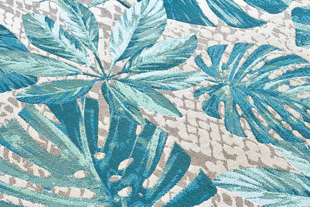 In- und Outdoor Teppich LEAF 175x120cm türkis weiß Blätter-Design Läufer wetterfest