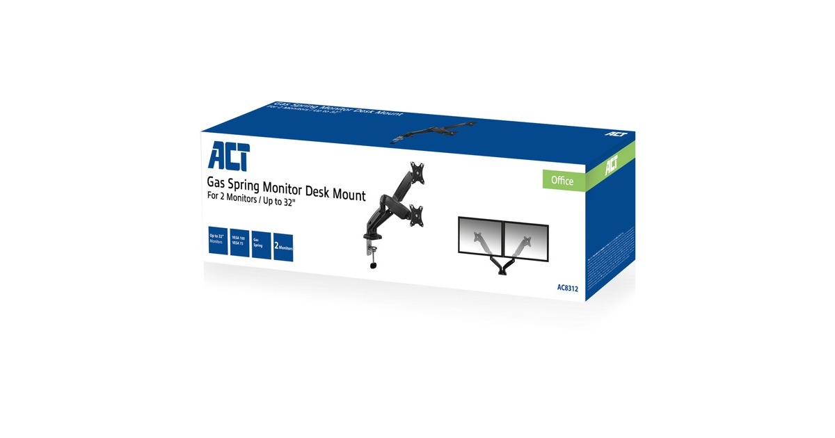 ACT ConnectivityMonitorarm office met gasveer, 2 schermen  (Zwart)