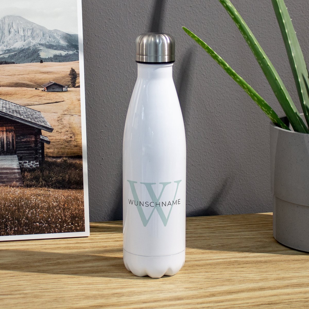 Thermo-Trinkflasche mit Namen, 500 ml, weiß (Motiv: Initiale)