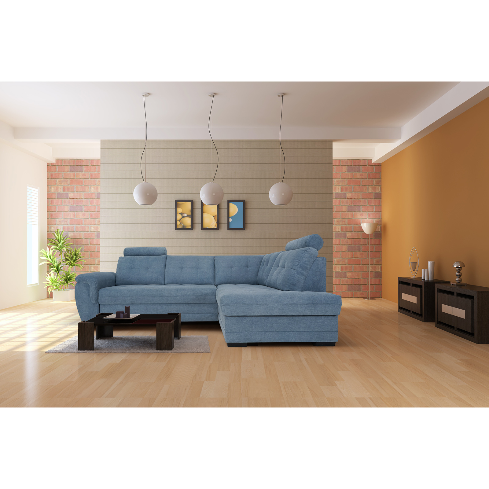Ecksofa - blue - Velours - Liegefunktion - Staukasten rechts