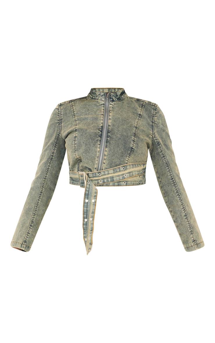 Délavage Vintage Veste En Denim Petite Avec Détail Ceinture