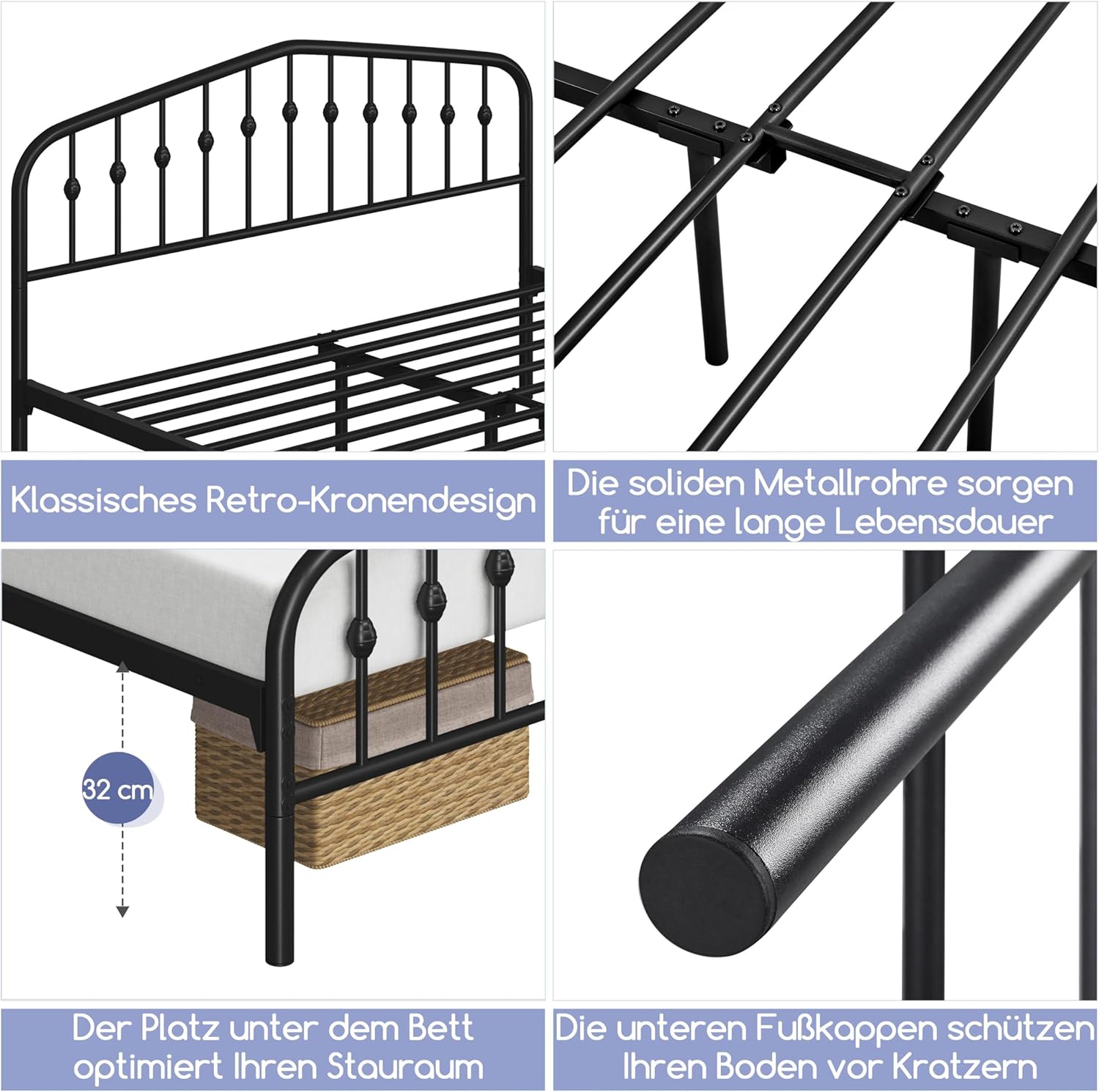 Yaheetech Bettrahmen 160 x 200 cm, Vintage Metallbett mit kronenförmigem Kopfteil, Stabiles Bettgestell Doppelbett aus Metall, Robust & Leichte Montage Gästebett Jugendbett Tagesbett, Schwarz