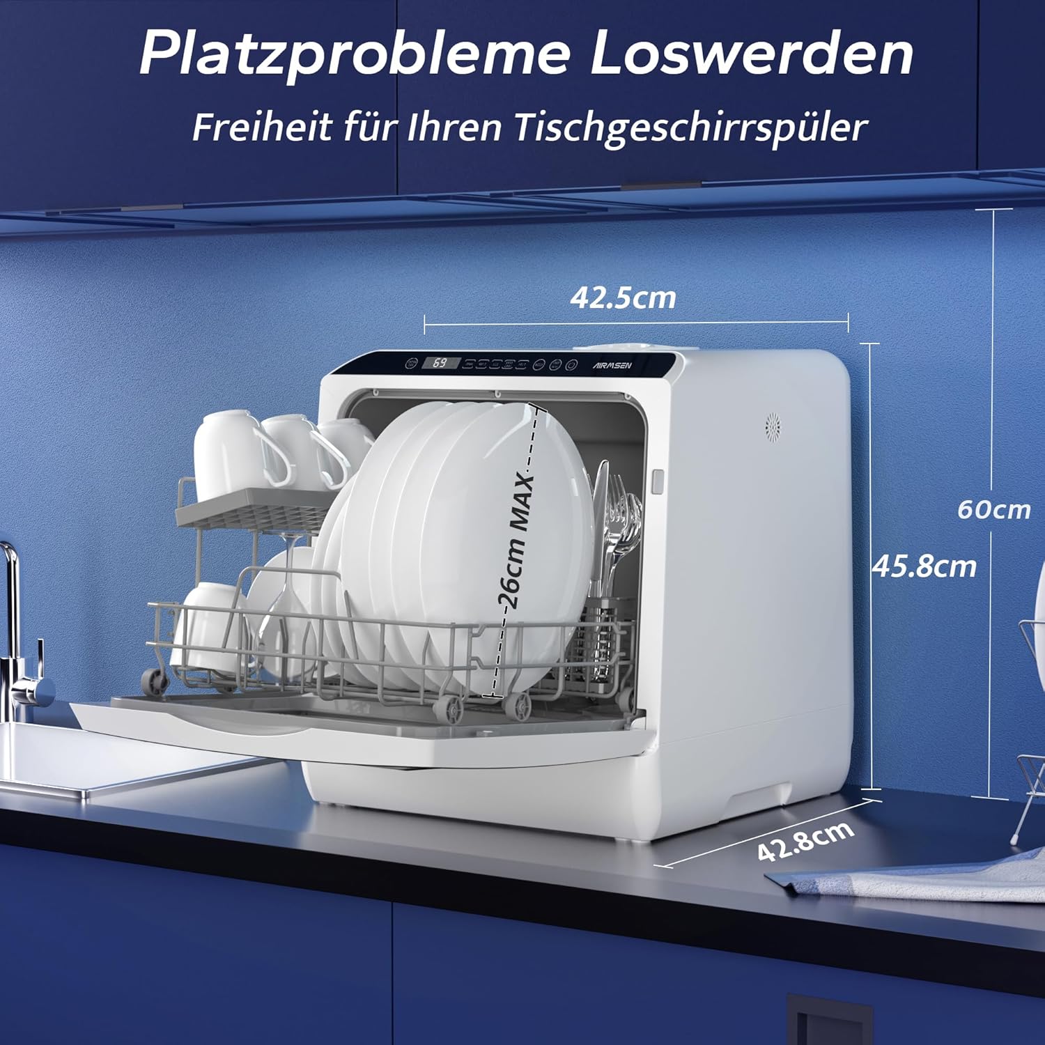AIRMSEN Tischgeschirrspüler, Mini Geschirrspüler mit 5+1 Programme & 5L Wassertank, 2 Wege Wasserversorgung, Touch Control & LED-Display, Geeignet für Hausküchen, Wohnungen, Schlafsäle, Weiß & Schwarz