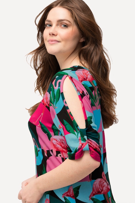 Jerseykleid, Flamingos, A-Linie, V-Ausschnitt, Halbarm