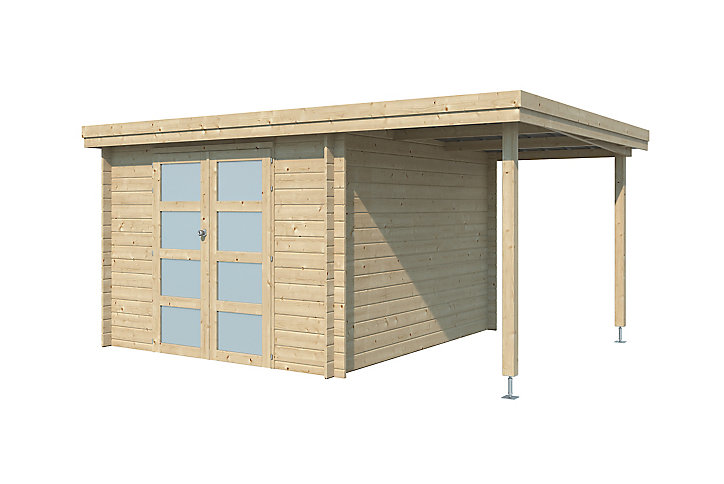 Abri de jardin + pergola Skara en bois coloris naturel ép.28 mm surface extérieure 10,65 + 5,51 m²