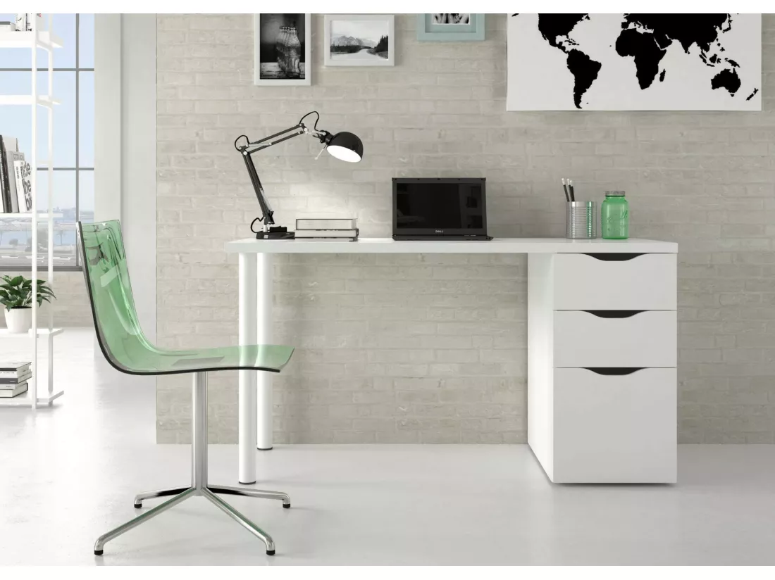 Bureau Philadelphia, Bureau réversible multifonctionnel, Table d'étude avec commode avec 2 tiroirs et 1 porte, 138x60h74 cm, Blanc