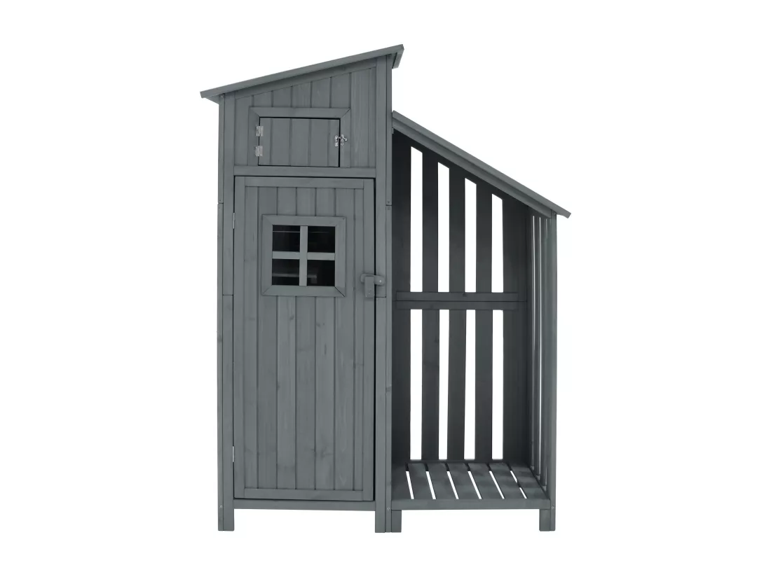 Abri de jardin en bois massif avec toit pente en PVC - 2 étagères 3 portes loquets - L124 x P46 x H174 cm - Gris