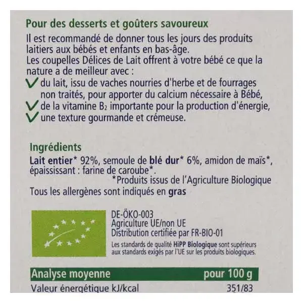Sêmola com Leite Integral Hipp Organic Milk Delights +6m 4 x 100g