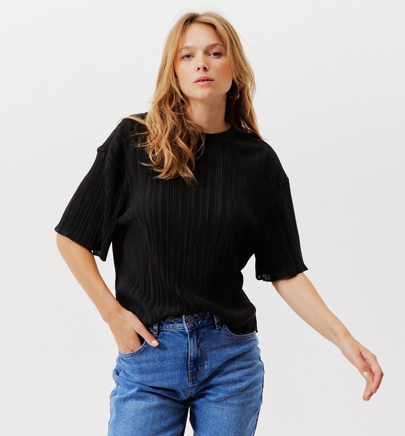 T-shirt plissé Femme - Noir
