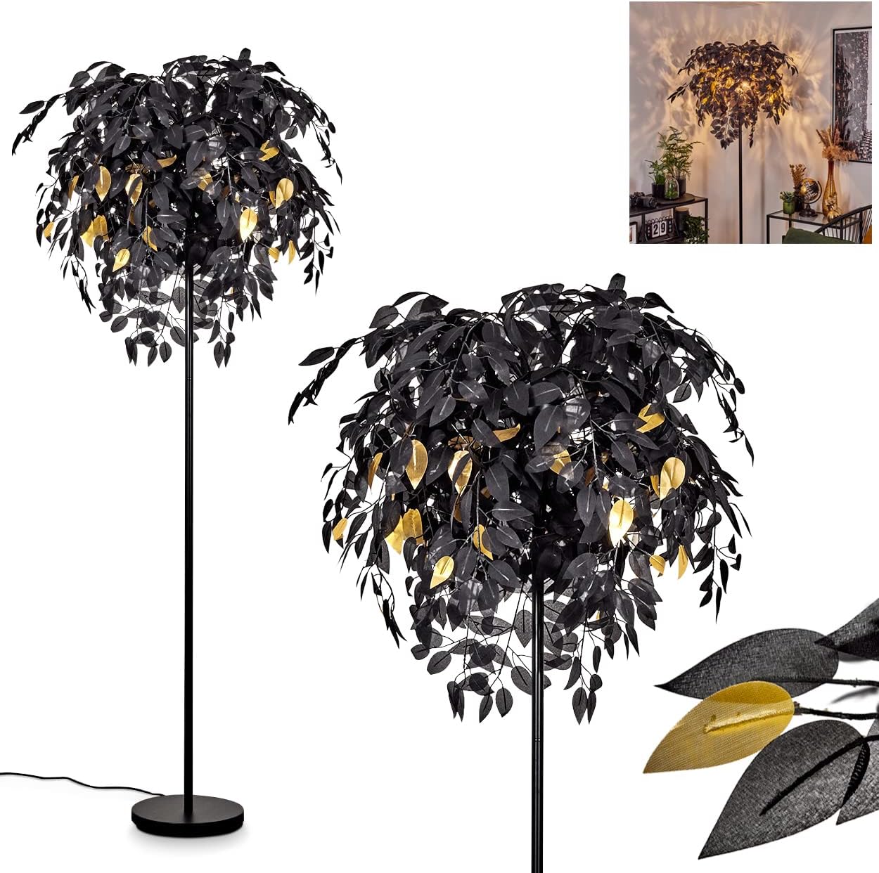 Stehleuchte Kallax, Stehlampe aus Metall/Kunststoff in Schwarz/Goldfarben, Standlampe mit Schirm in Blatt-Optik, Höhe 190 cm, mit Fußschalter am Kabel und Lichteffekt, 3 x E14, ohne Leuchtmittel