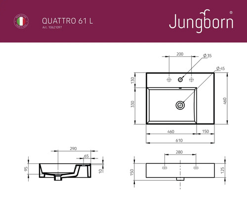 Jungborn QUATTRO wastafel, planchet rechts, 61 x 46 cm, glanzend wit
