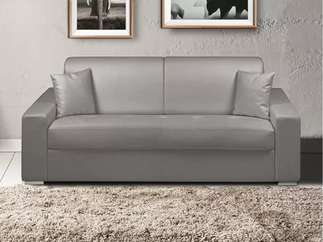 Canapé 3 places convertible express en simili EMIR - Gris - Couchage à lattes larges 140 cm - Matelas 14 cm