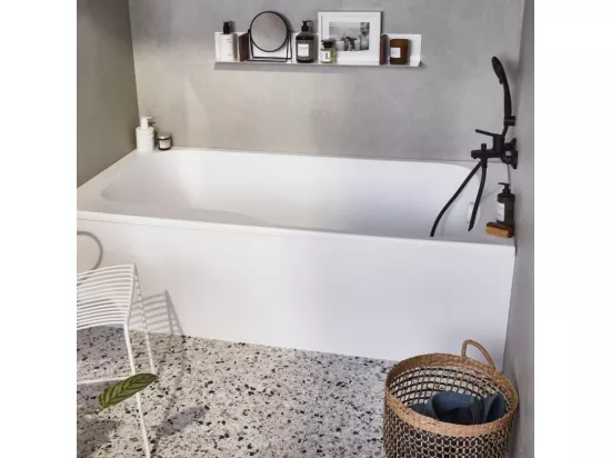 Pack baignoire bain douche 160 x 85 JACOB DELAFON Malice version droite + tablier en niche + pare bain + étagère pour pare bain