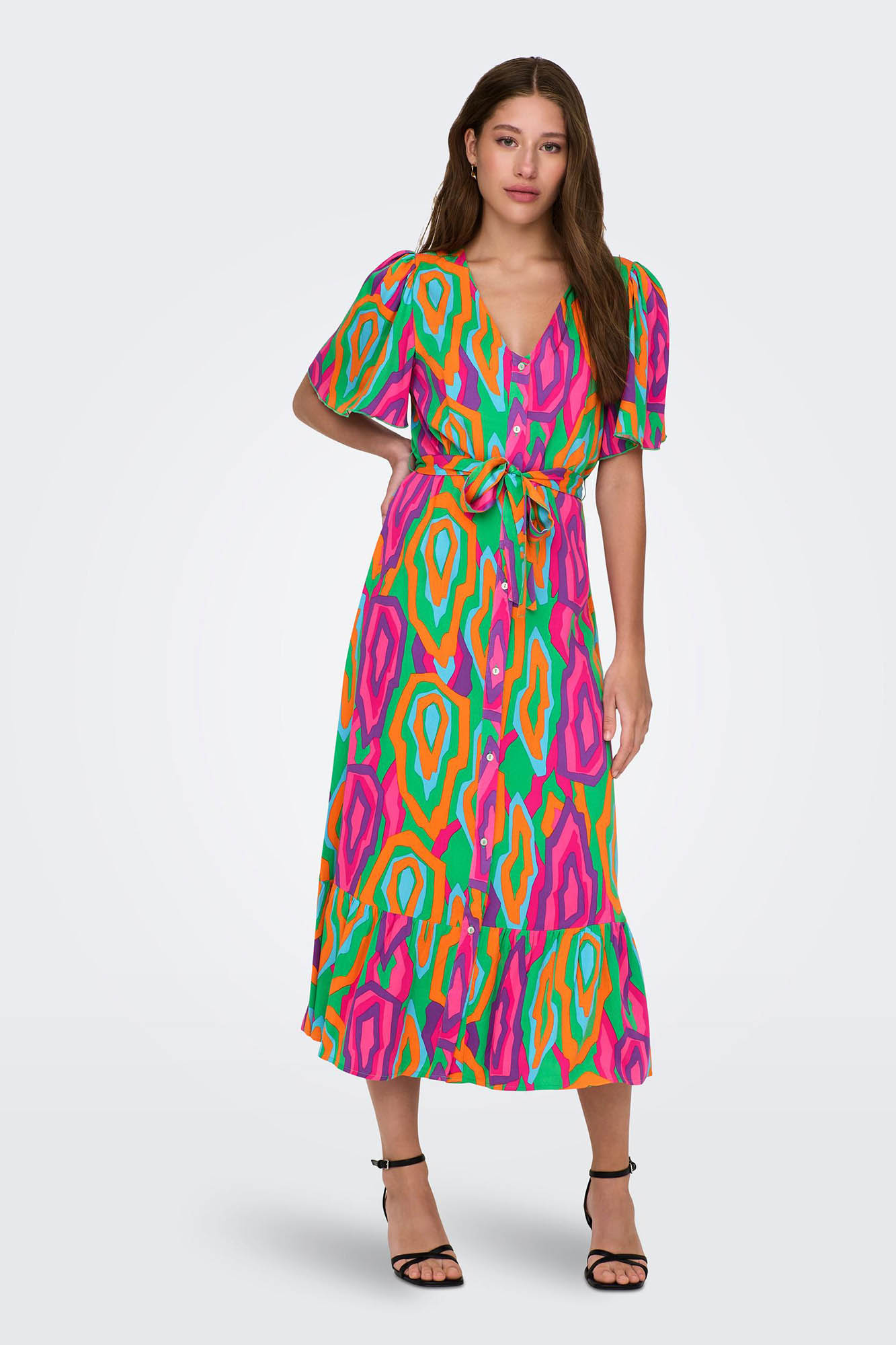 Vestido midi com estampa geométrica