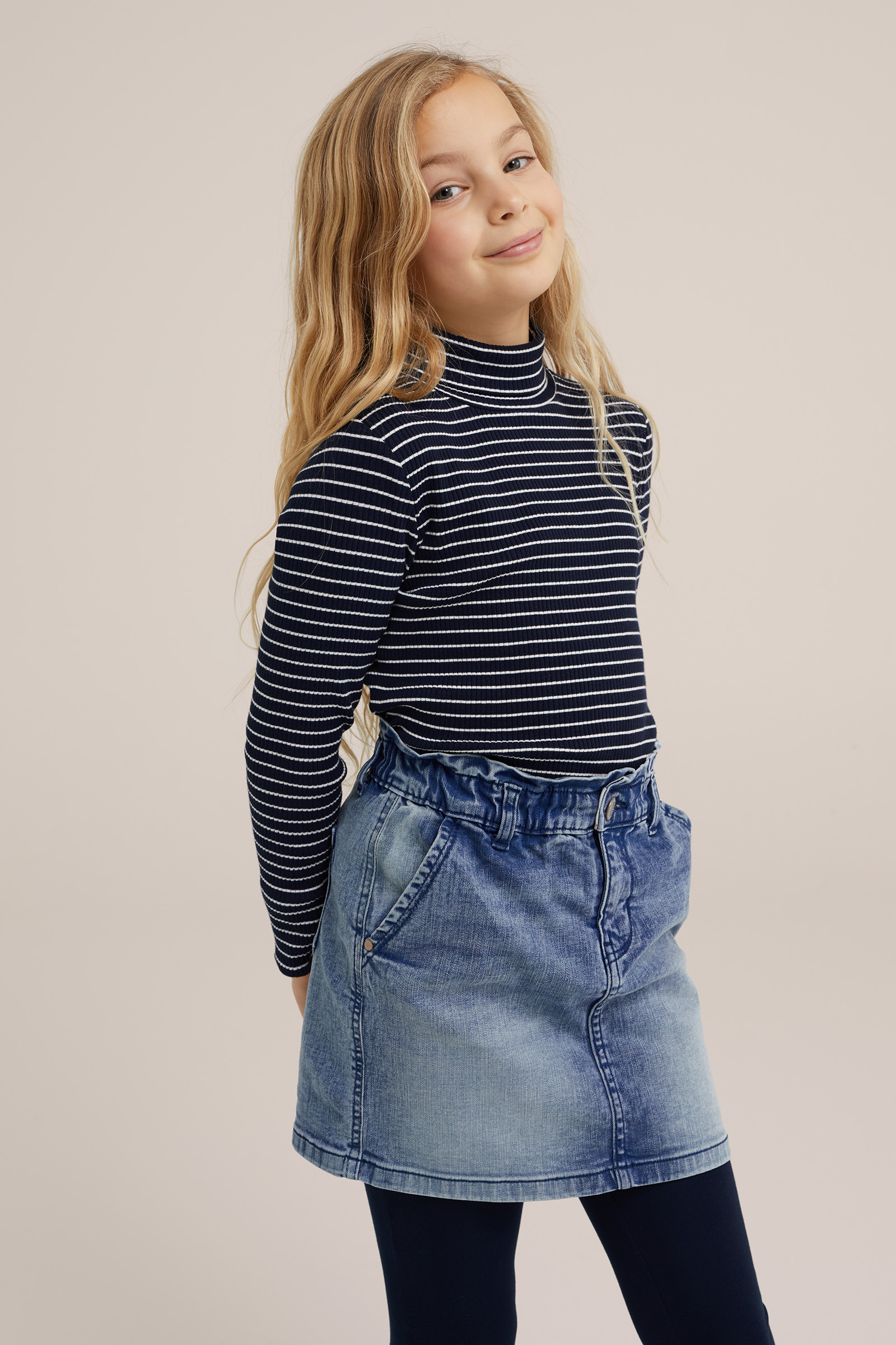 Meisjes top met col en gestreept dessin WE Fashion Blauw