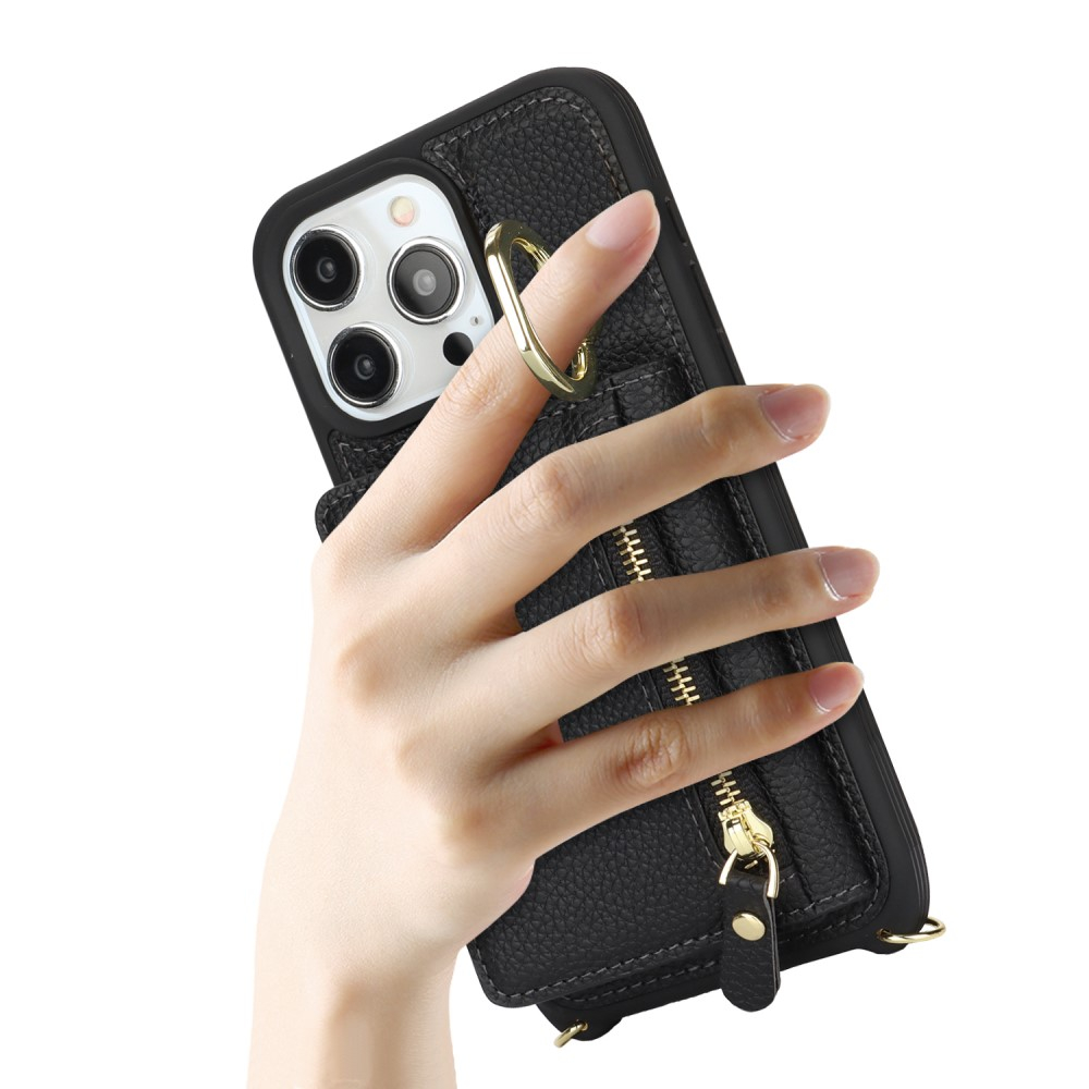 iPhone 15 Pro Necklace Leder Hülle mit Münzfach und Kartenfächer   Finger Griff Halterung   Handykette - Schwarz