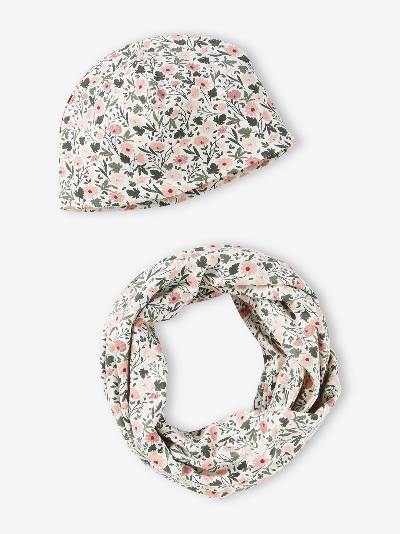 Conjunto com estampa floral para meninas: chapéu + cachecol bege