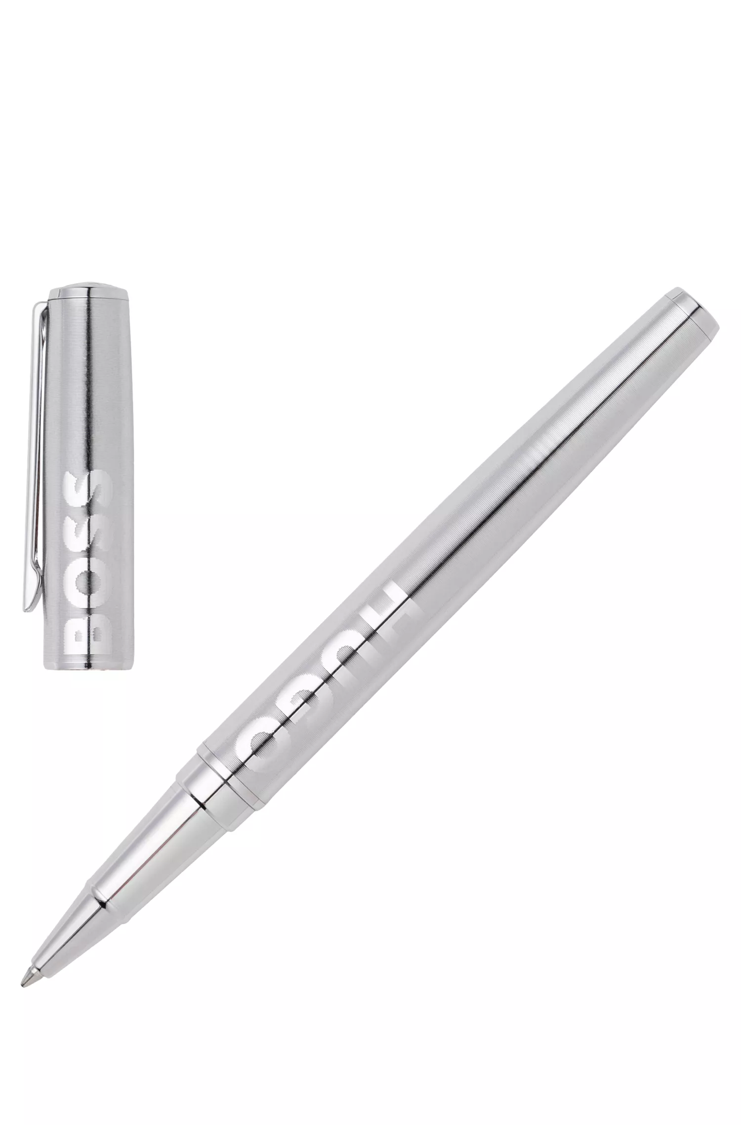 Caneta rollerball BOSS preta em latão com revestimento cromado.